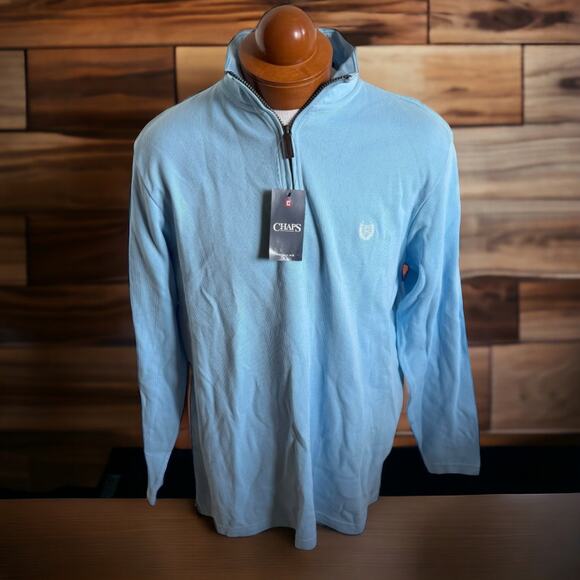 Chaps Mens Pullover Sz L Pool Blue French Ribbed Quarter Zip Light NEW NWT - Picture 1 of 7